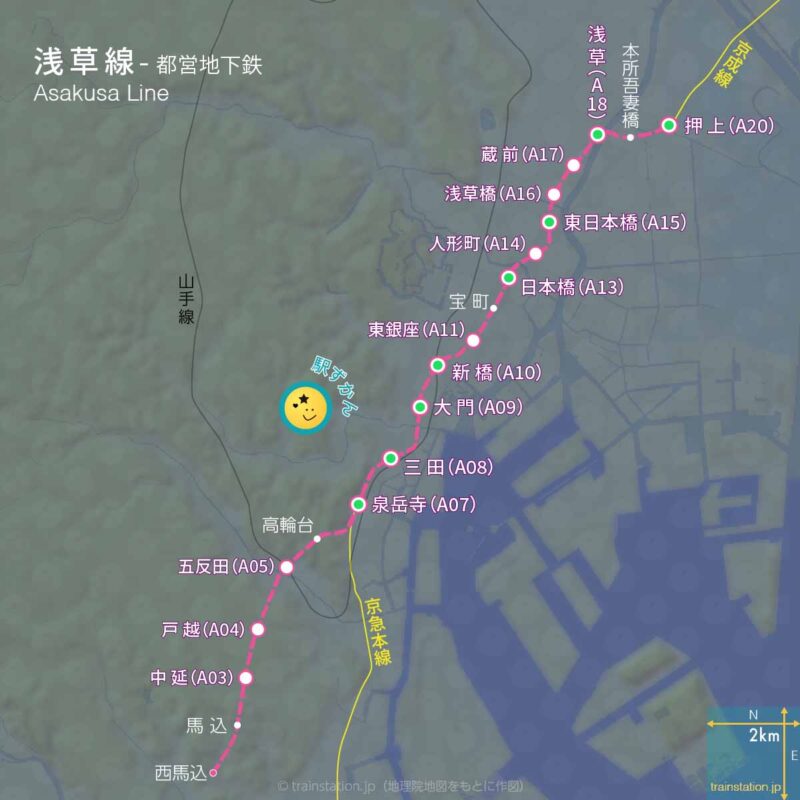 都営浅草線路線図と地形地図