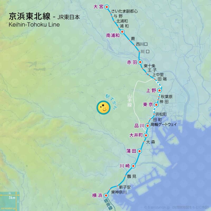 京浜東北線路線図と地形地図