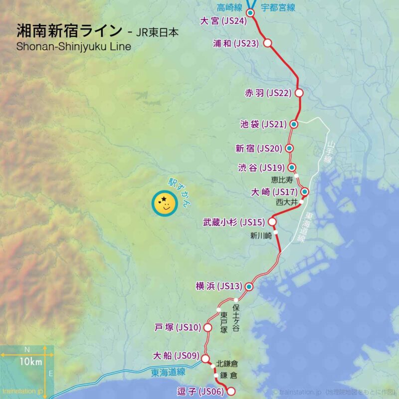 湘南新宿ライン路線図と地形地図
