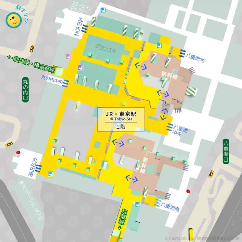 東京駅構内図1階（JR東日本）と周辺地図