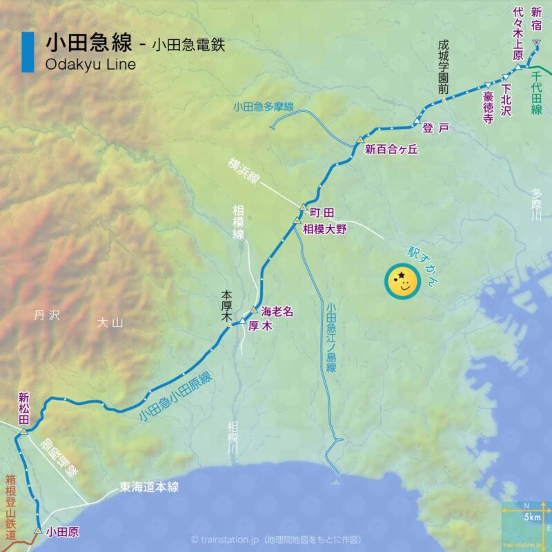 小田急線路線図（小田原線全区間）と地形地図