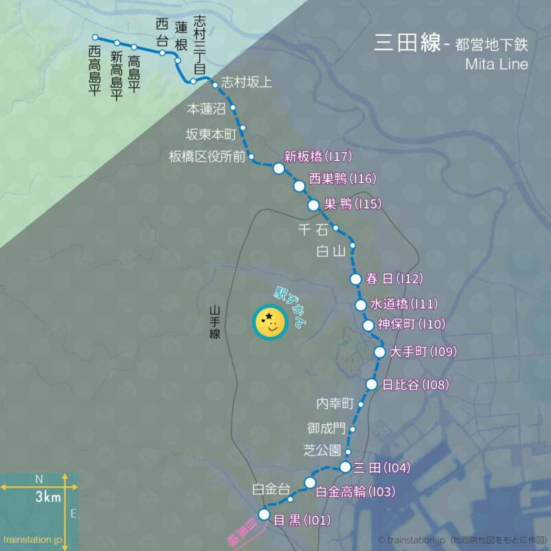 都営三田線路線図と地形地図