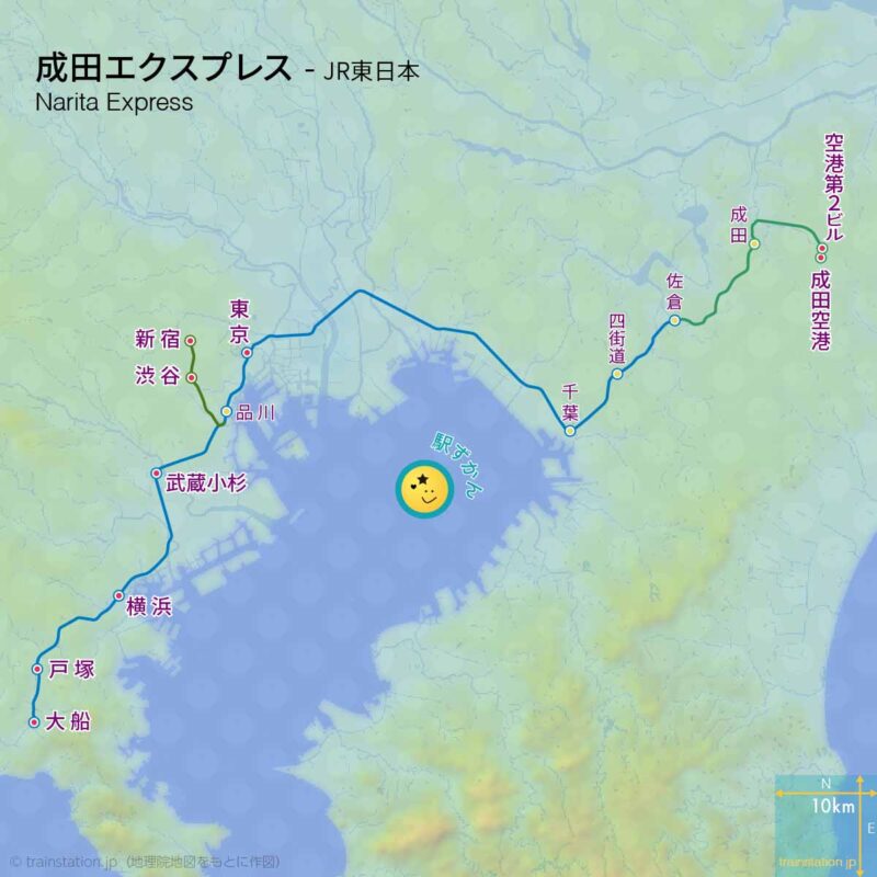 成田エクスプレス路線図と地形地図