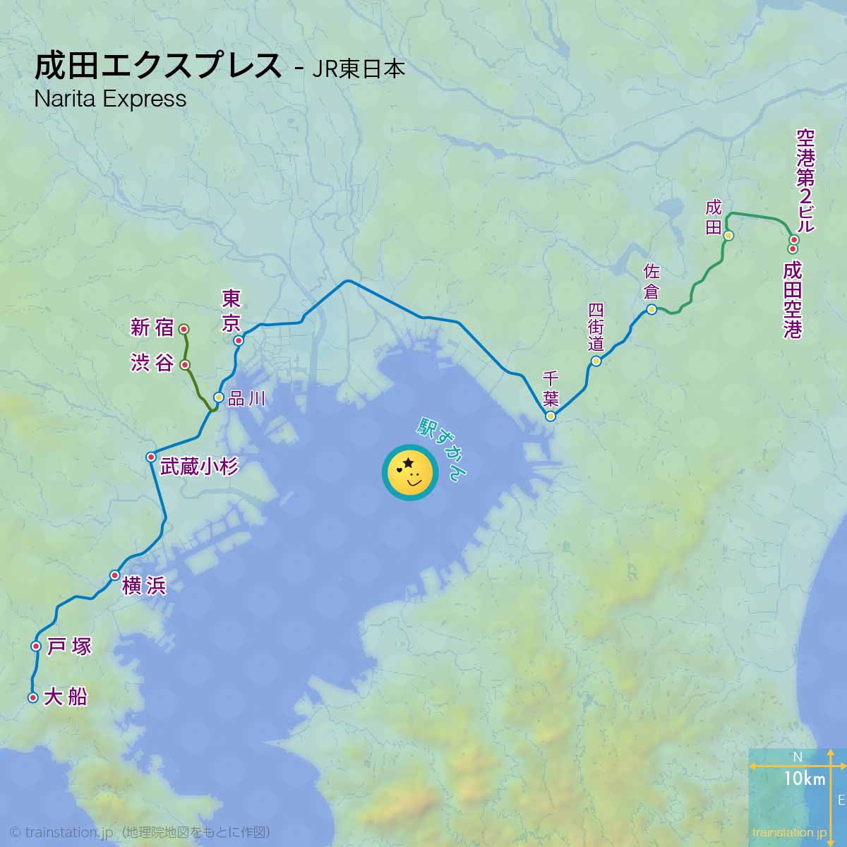 成田エクスプレス路線図と地形地図