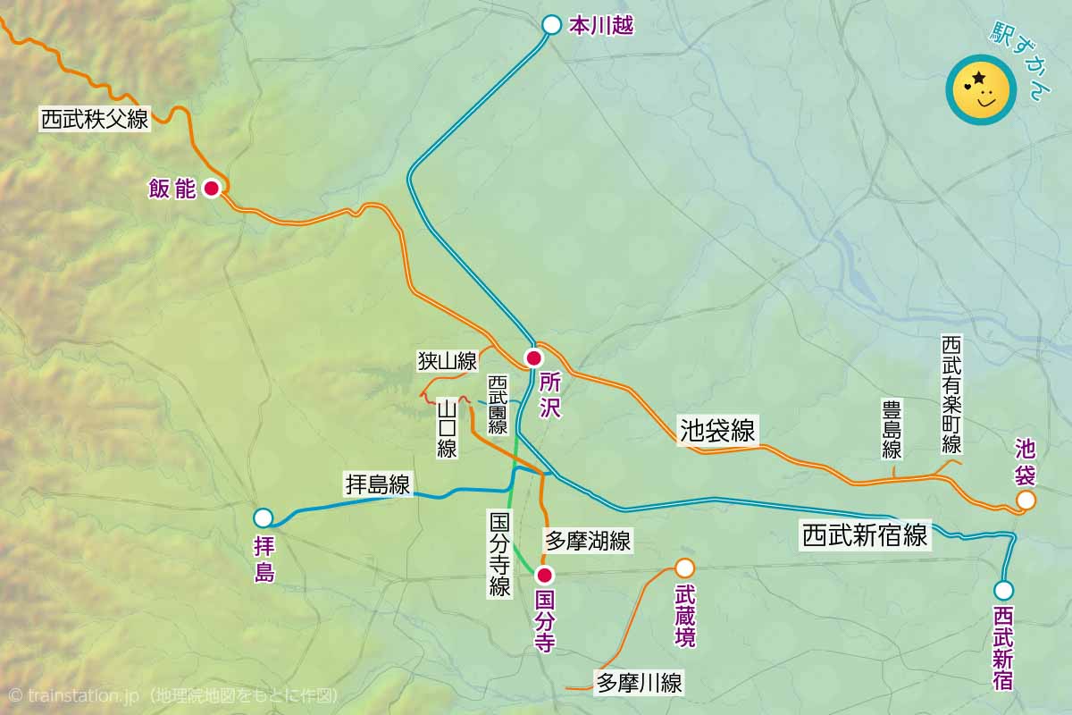 西武線路線図と地形地図