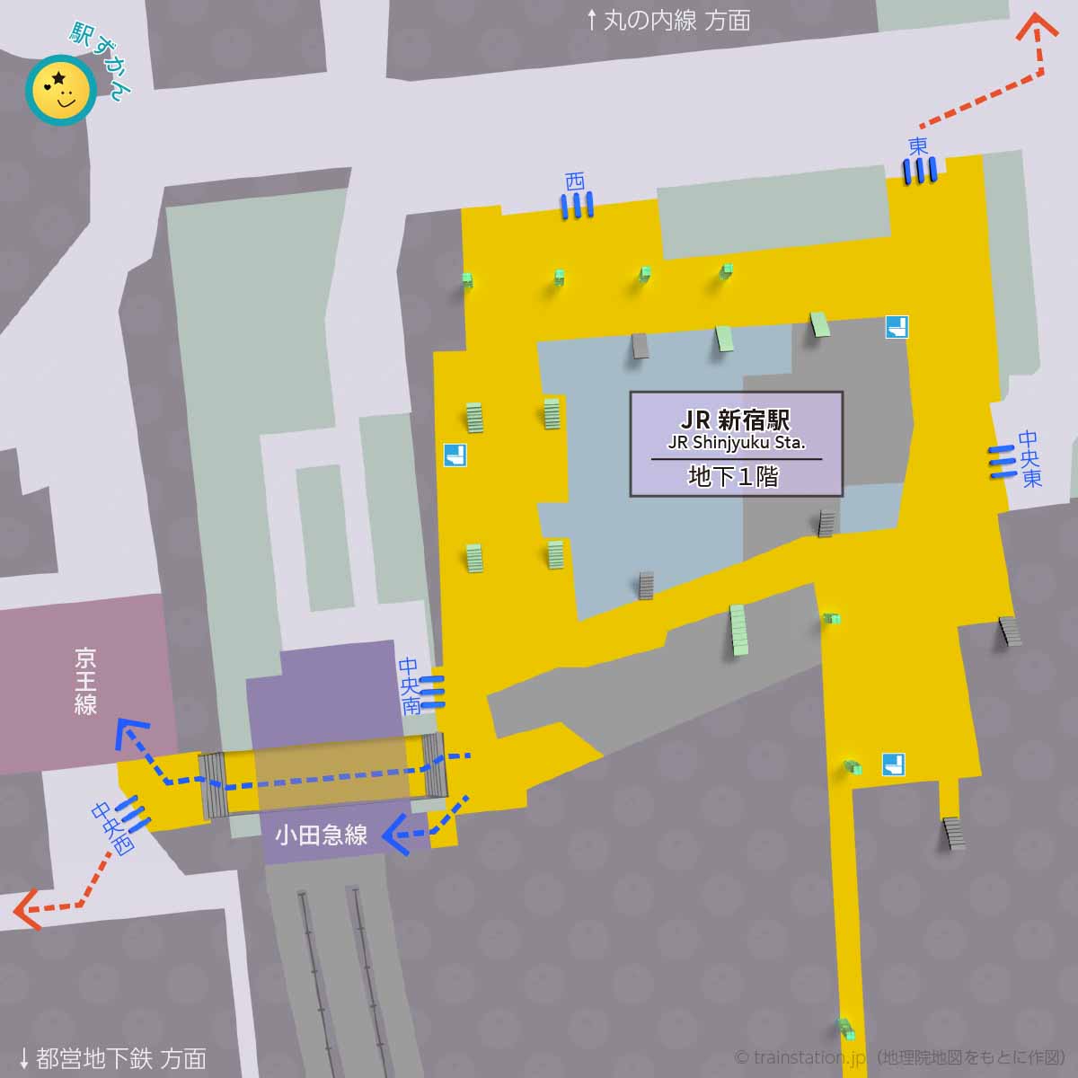 JR新宿駅構内図(地下１階)と周辺地図