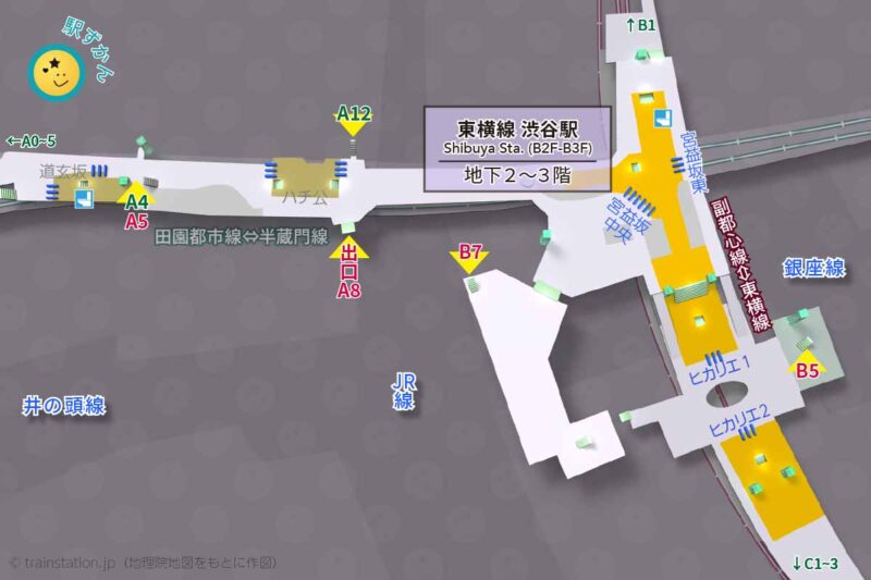 東横線（地下）渋谷駅構内図と周辺地図