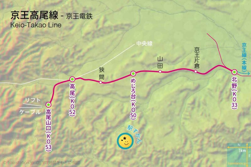 京王高尾線路線図と地形地図