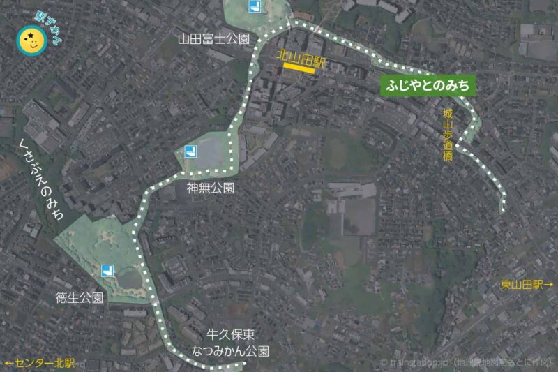 ふじやとのみち緑道マップと衛生写真地図