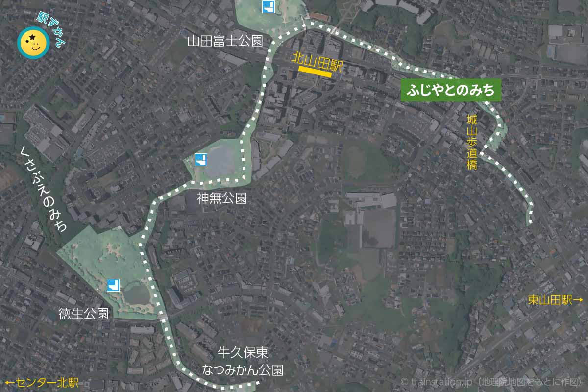 ふじやとのみち緑道マップと衛生写真地図