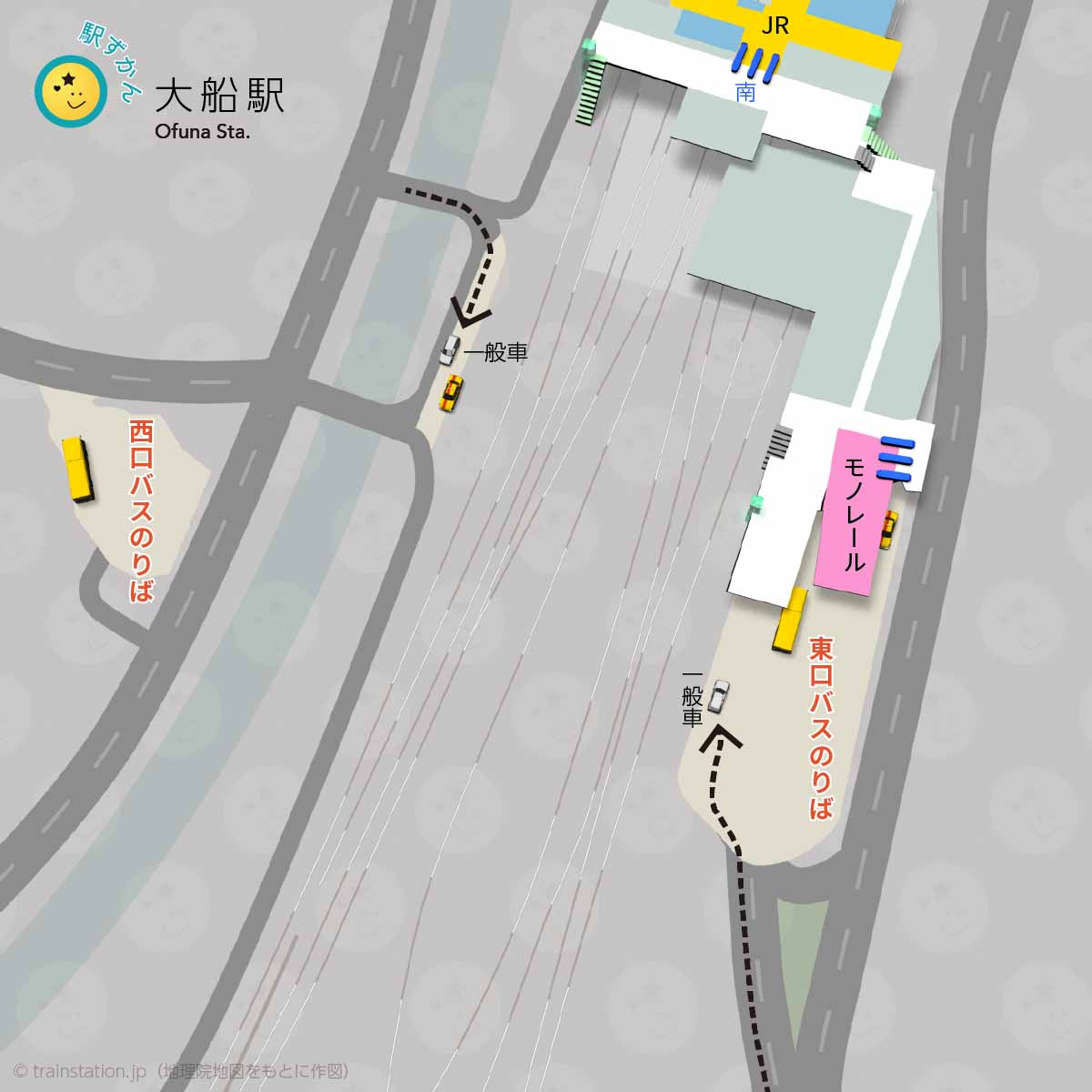 大船駅ロータリーマップ、車寄せとバス停の位置