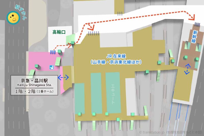 品川駅構内図（京急本線）と周辺地図