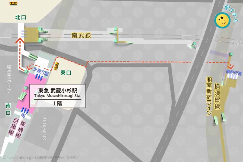 東急 武蔵小杉駅構内図（東横線・目黒線）と周辺地図