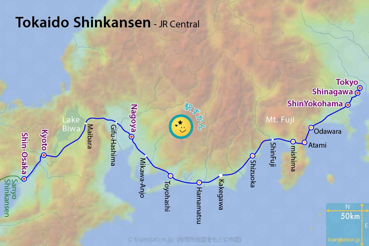 Route map of the Tokaido Shinkansen line showing stations from Tokyo to Shin-Osaka