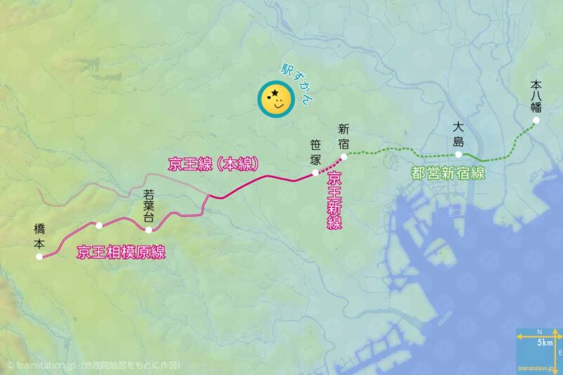 京王線⇔都営新宿線の直通路線図と地形地図