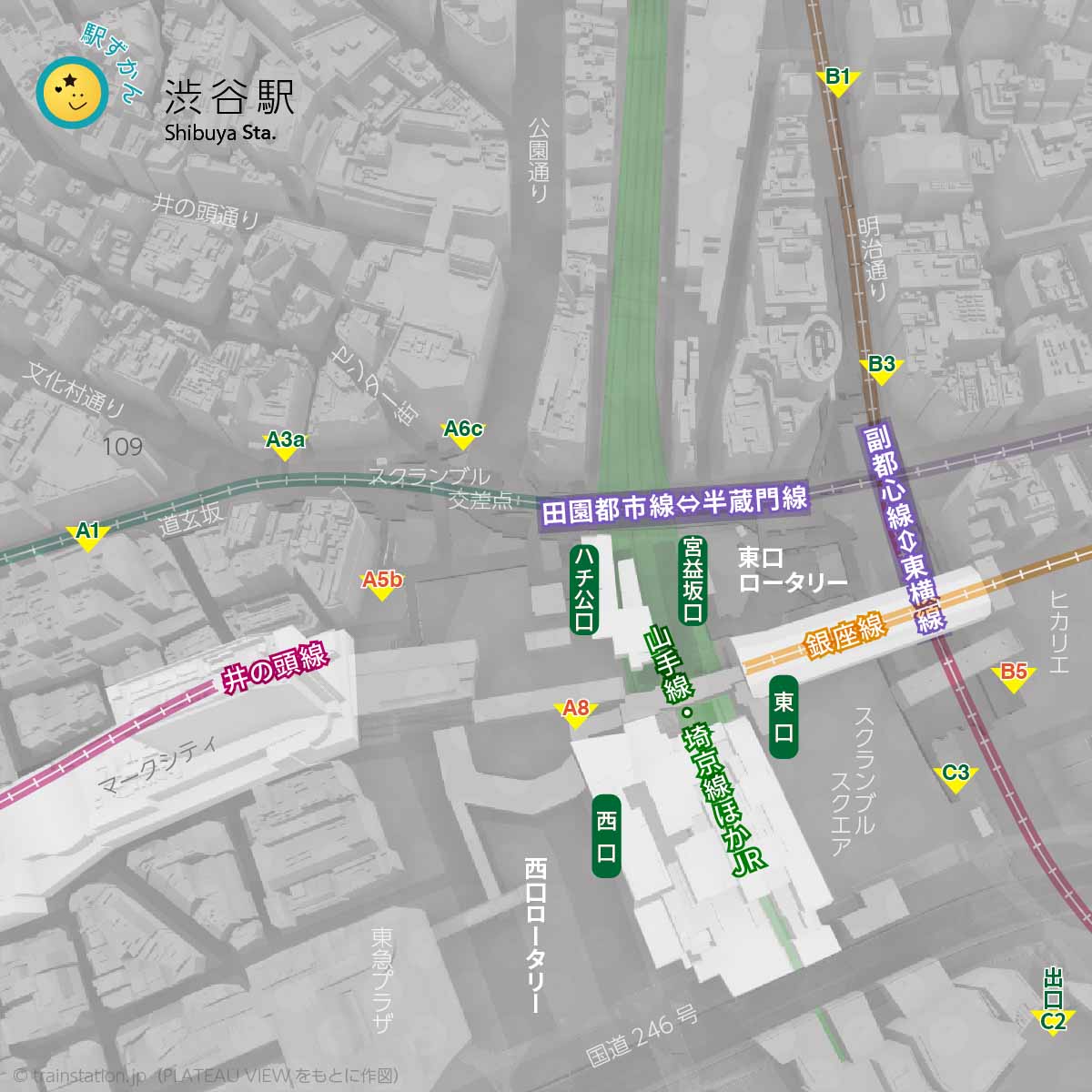 渋谷駅周辺地図と乗り入れ路線図