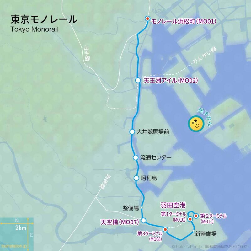 東京モノレール路線図と地形地図
