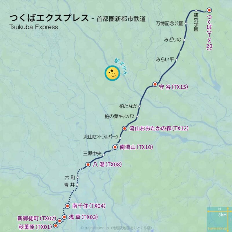 つくばエクスプレス路線図と地形地図