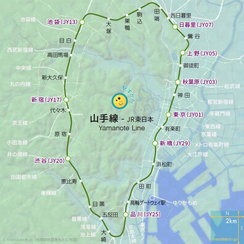 山手線路線図（JR東日本）と地形地図