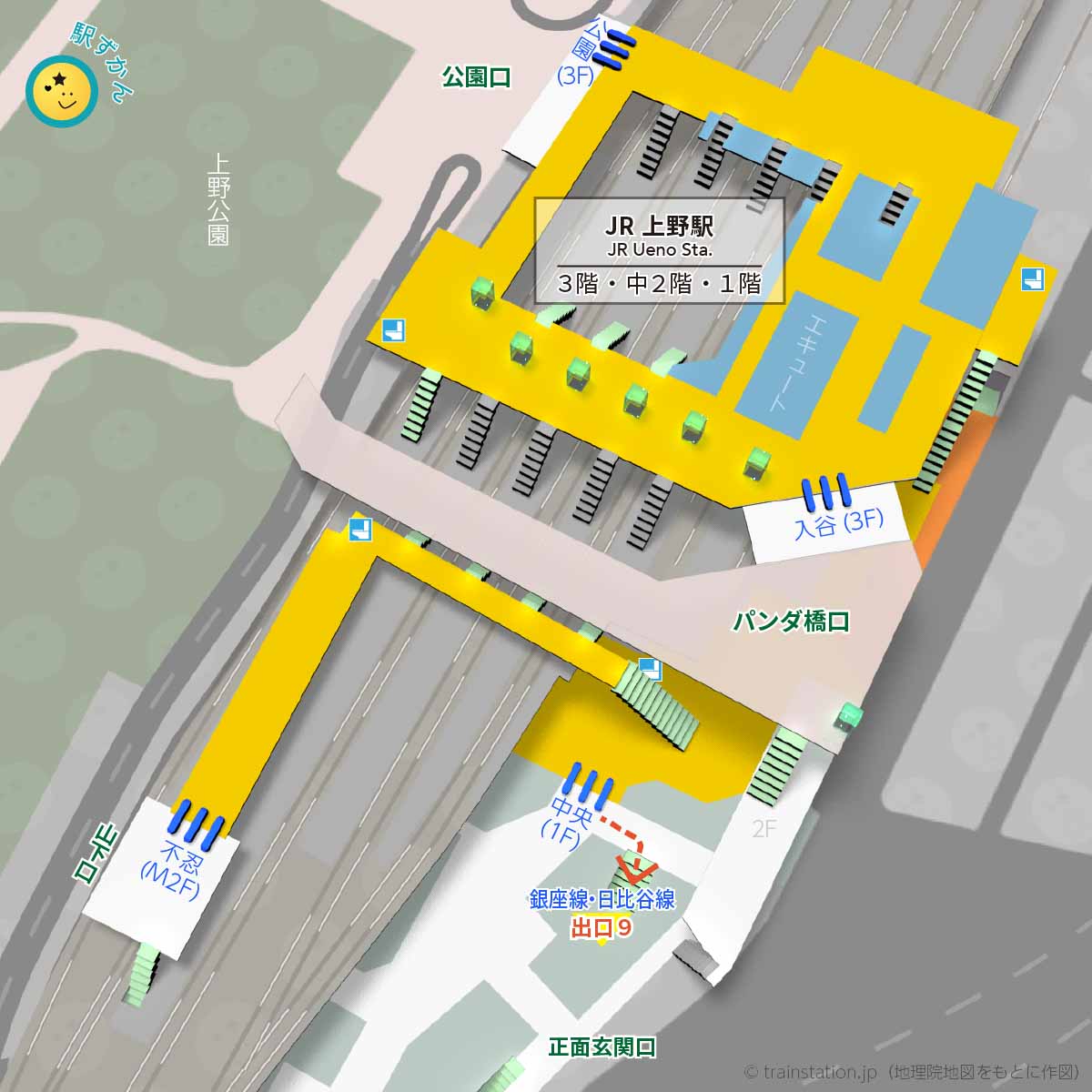 JR上野駅構内図と周辺地図:公園口・パンダ口・玄関口・山下口