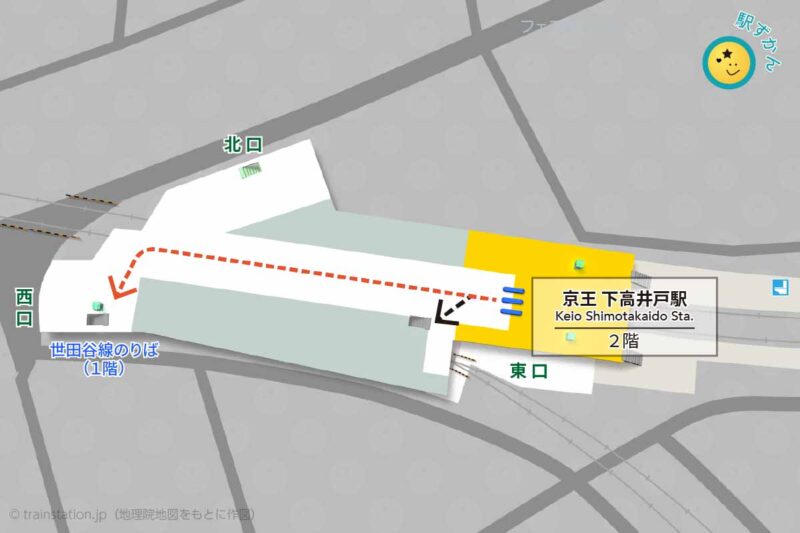 下高井戸駅構内図（京王電鉄）と周辺地図