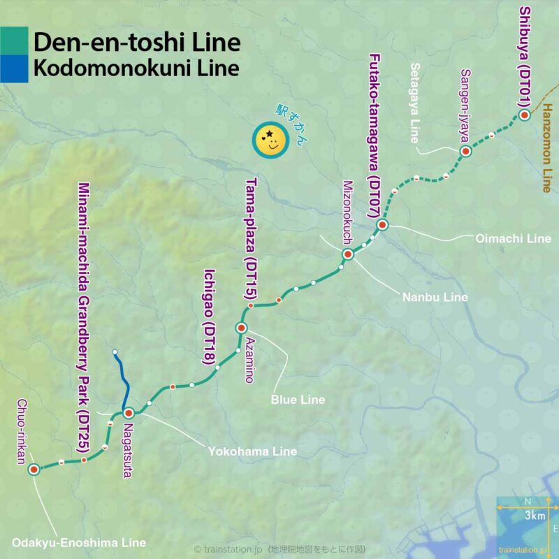 route map of Den-en-toshi Line and Kodomonokuni Line