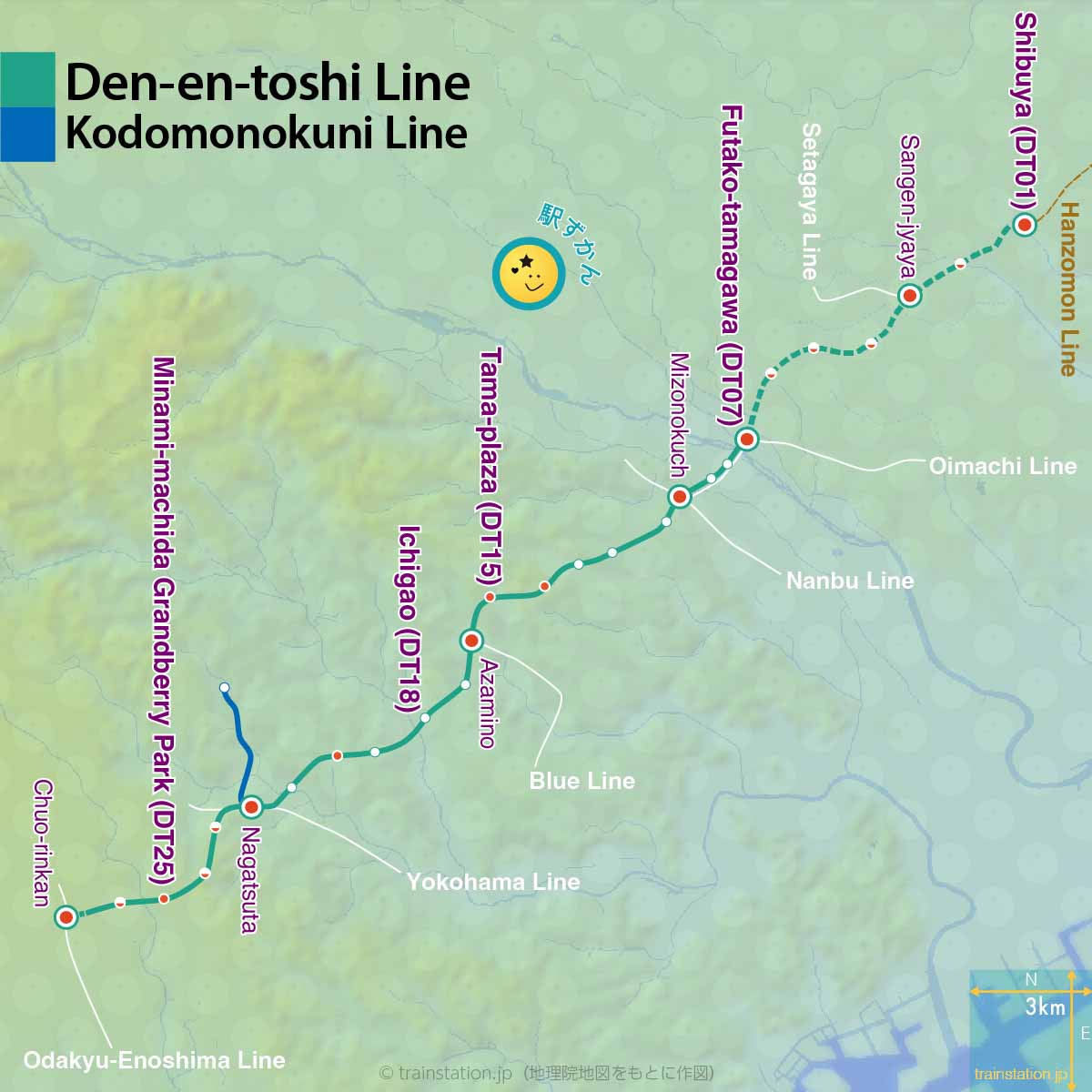 route map of Den-en-toshi Line and Kodomonokuni Line