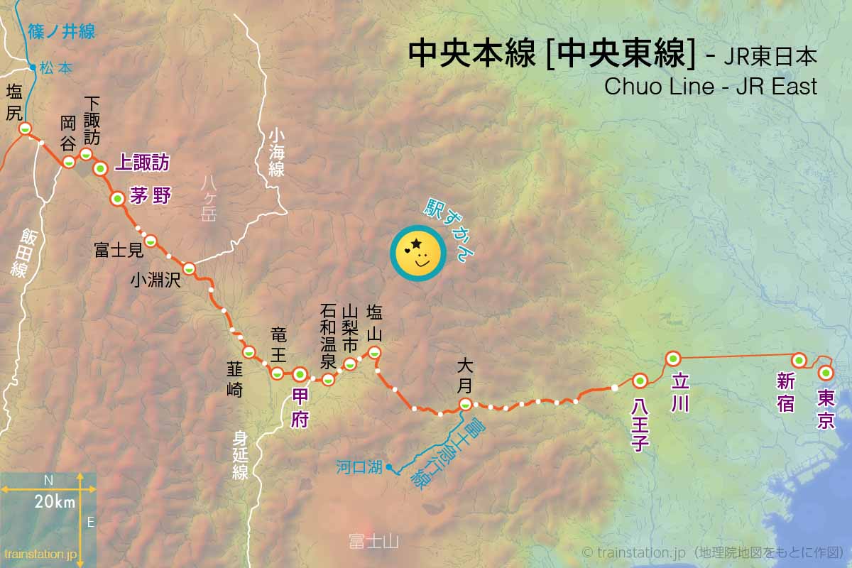 中央本線路線図(JR東日本・中央東線)と地形地図)