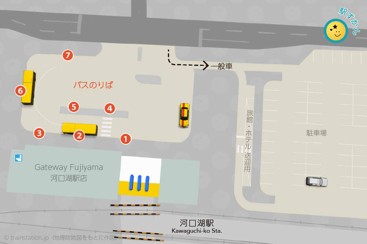 河口湖駅ロータリーマップ・バス停・一般車駐車場