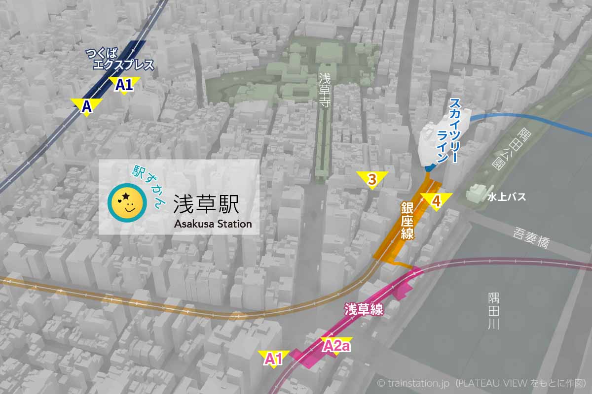 浅草駅周辺地図・銀座線・浅草線ほか路線図