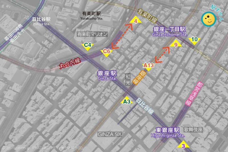 銀座駅・銀座一丁目駅・東銀座駅の乗り換え地図・路線図