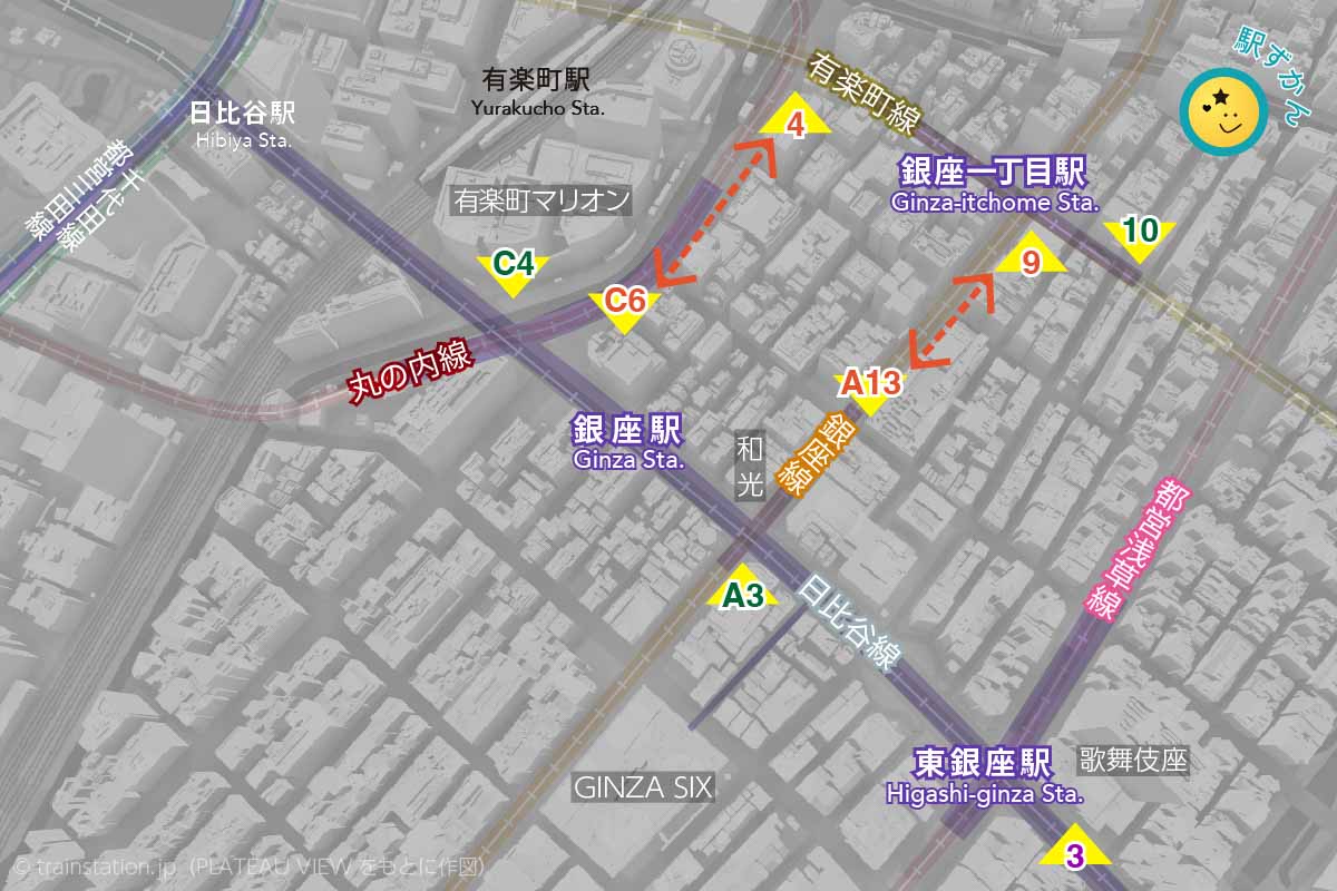 銀座駅・銀座一丁目駅・東銀座駅の乗り換え地図・路線図