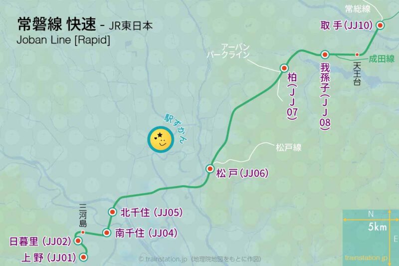 常磐線快速の路線図（JR東日本）と地形地図