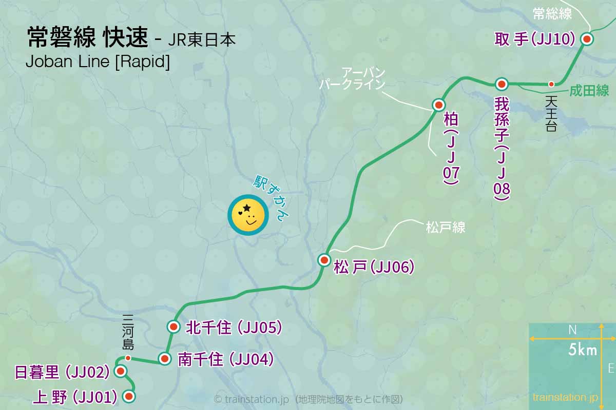 常磐線快速の路線図(JR東日本)と地形地図