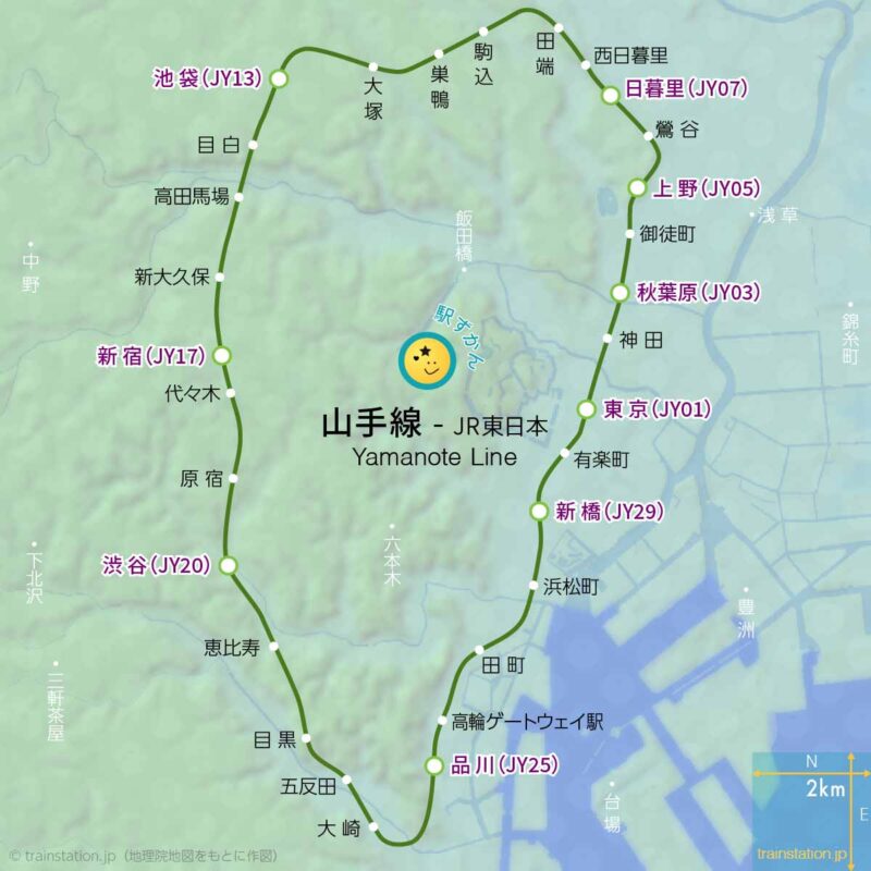 山手線路線図（JR東日本）と地形地図