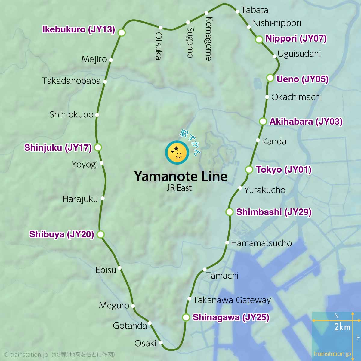 JR Yamanote Line map and topographic map