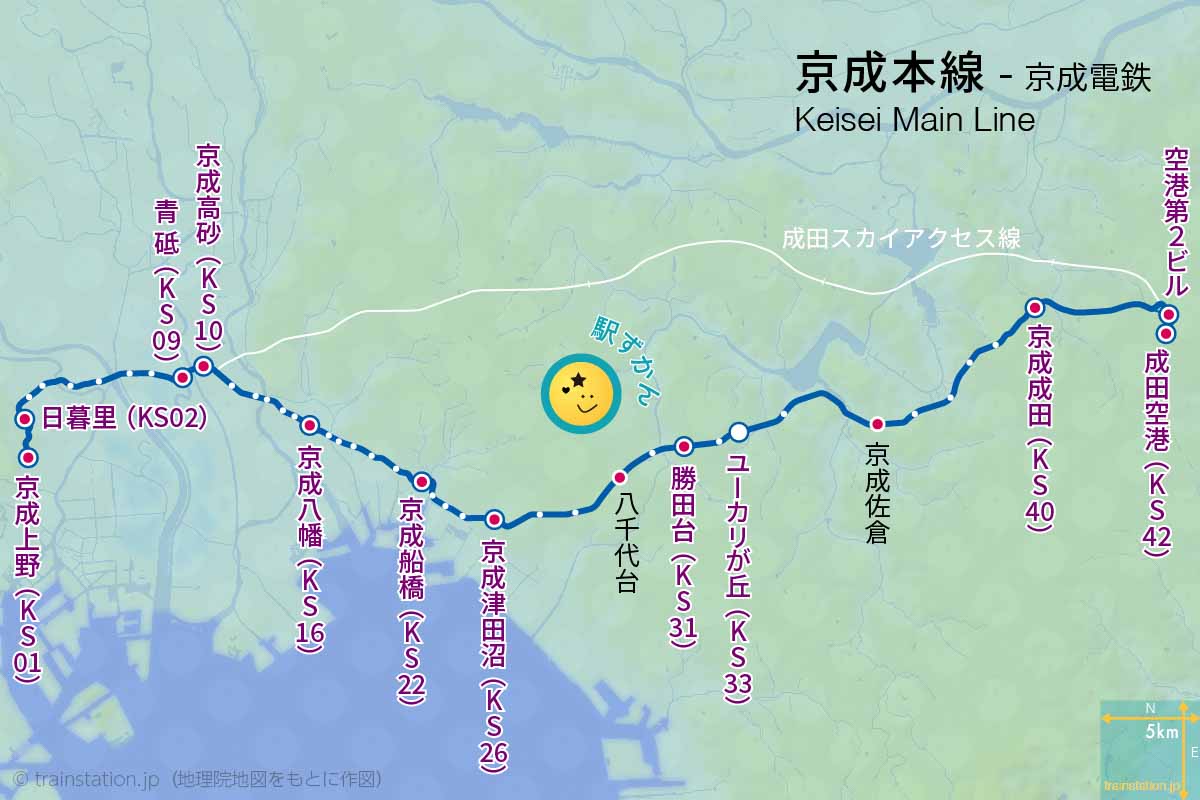 京成本線路線図(上野〜成田空港)と地形地図