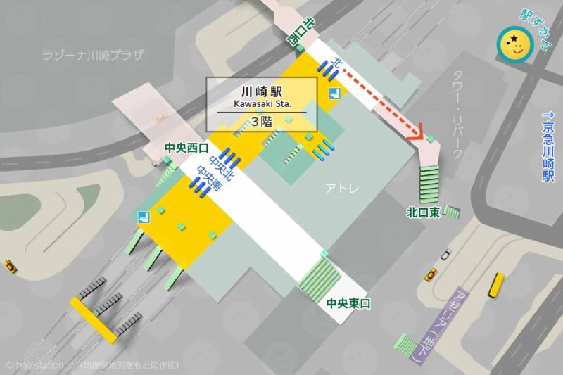 川崎駅構内図(JR東日本)と周辺地図,ラゾーナ,アゼリア