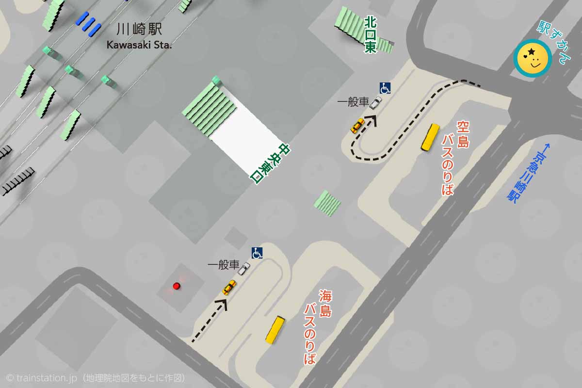 川崎駅 東口ロータリーマップ 空島と海島（車寄せ・バス停）
