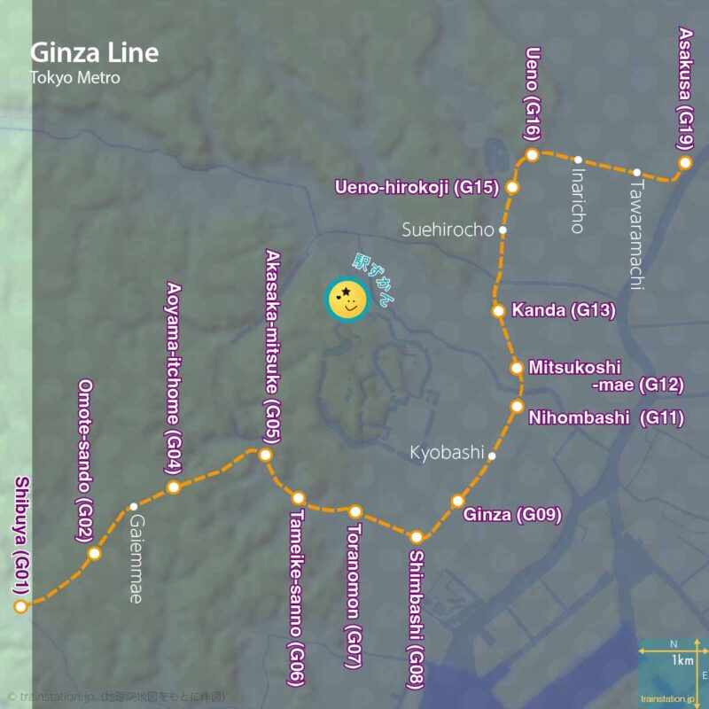 Ginza Line map and topographic map (Tokyo Metro)