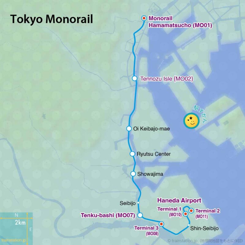 Tokyo Monorail route map and topographic map