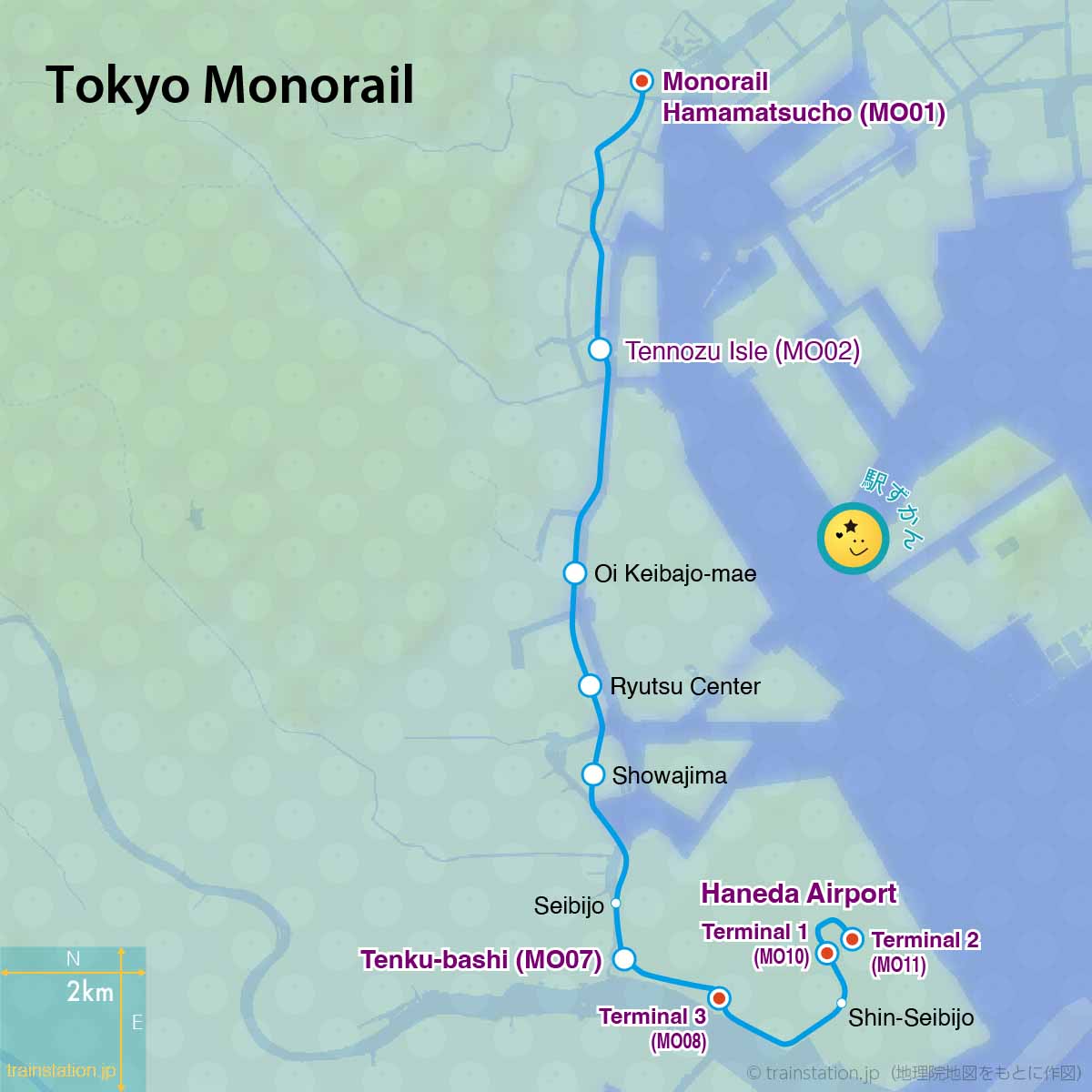 Tokyo Monorail route map and topographic map