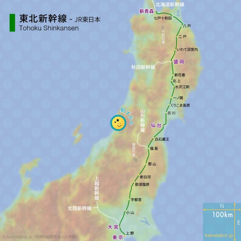 東北新幹線路線図（JR東日本）と地形地図