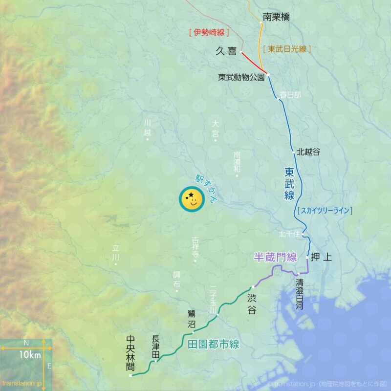 田園都市線⇔半蔵門線⇔東武線の直通路線図と地形地図