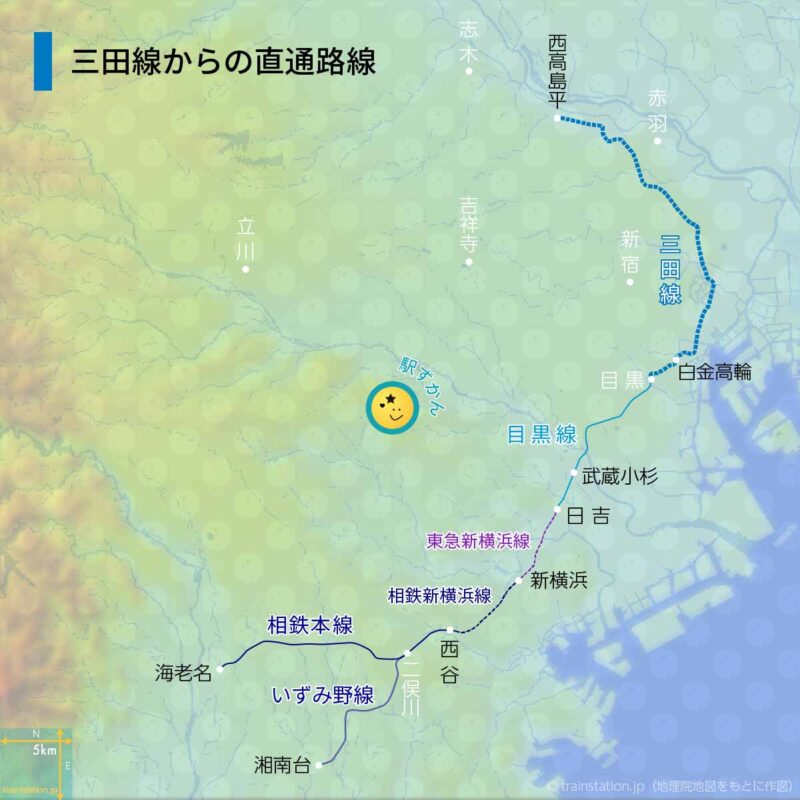 三田線直通路線図と地形地図,東急線,相鉄線