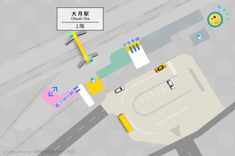 大月駅構内図(JR中央本線・富士急行線)と周辺地図