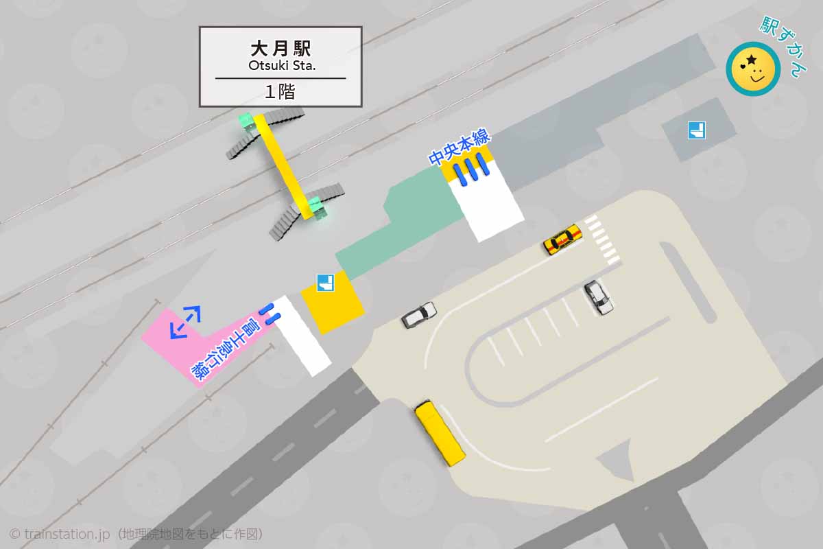 大月駅構内図(JR中央本線・富士急行線)と周辺地図
