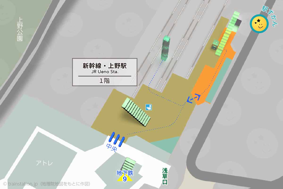 上野駅構内図1階(東北新幹線系統)と周辺地図