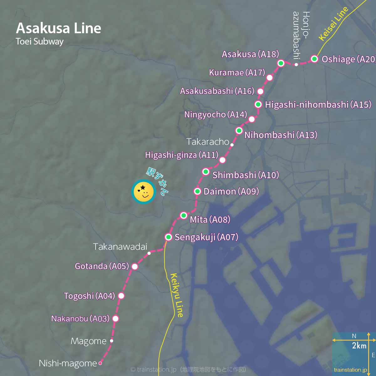 Asakusa Line map and topographic map (Toei Subway)