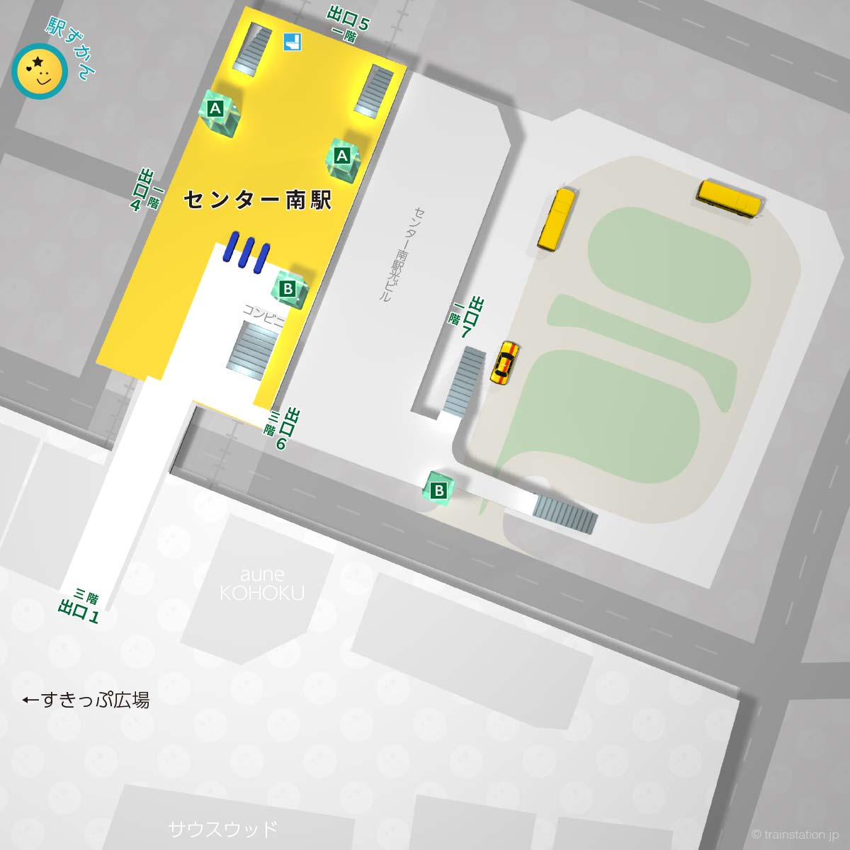 センター南駅の構内図と周辺地図